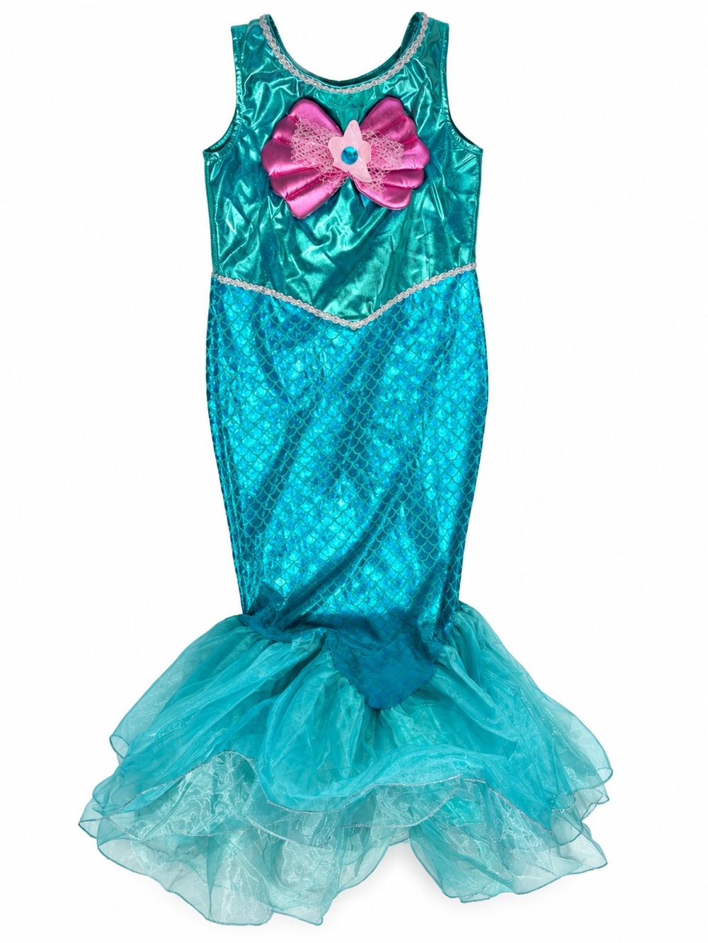 Girls Teal Mermaid Halloween Costume Dress with Pink Bow